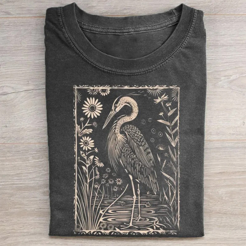 Graureiher-Linolschnitt-Unisex-T-Shirt