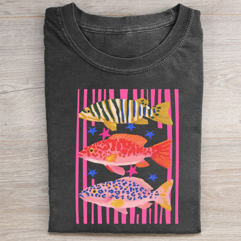 Colorful Maximalist Tropical Fish Trio T-shirt