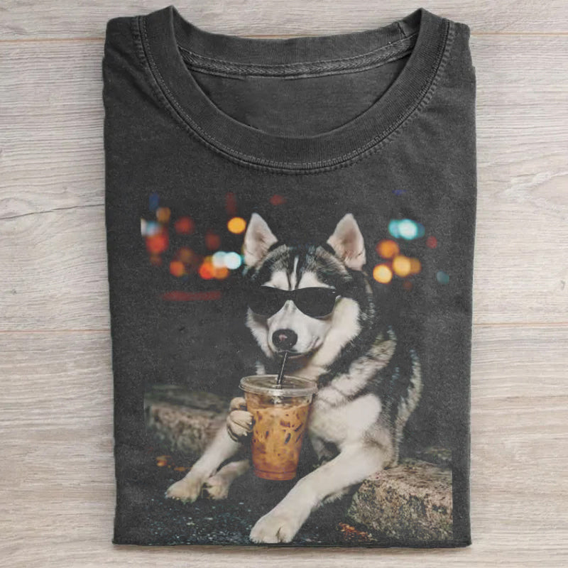 Husky Drinking Iced Coffee T-shirt