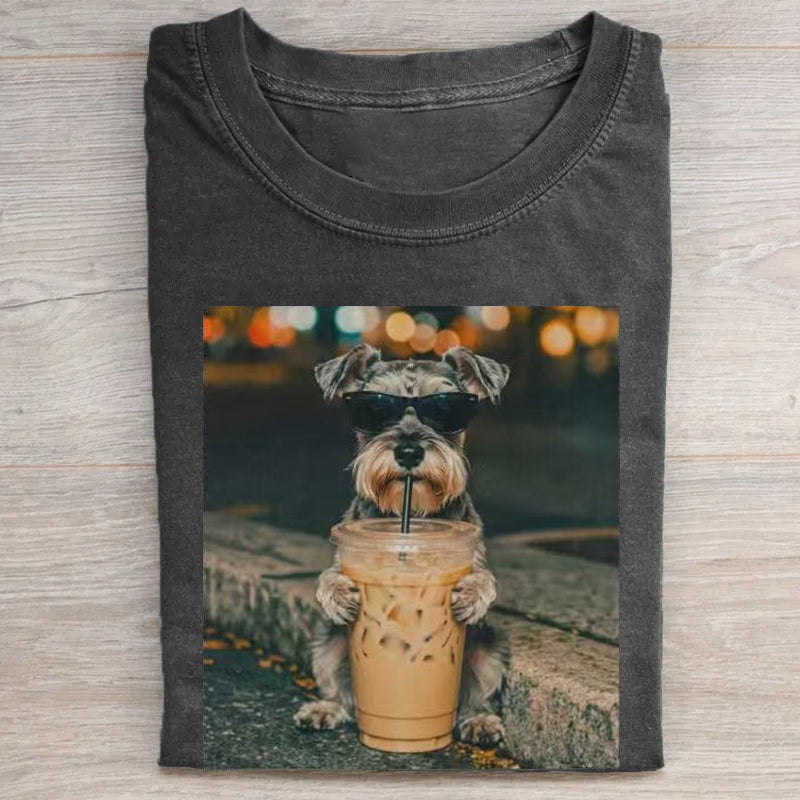 Funny Miniature Schnauzer Drinking Iced Coffee T-shirt
