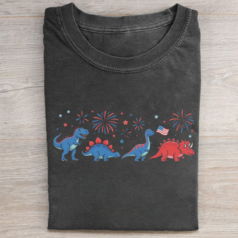 Cute Dinosaur American Flag Fireworks T-shirt