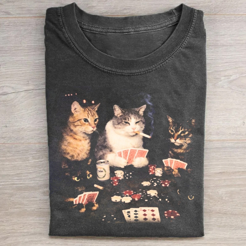 Retro Funny Gambling Cat Graphic T-shirt