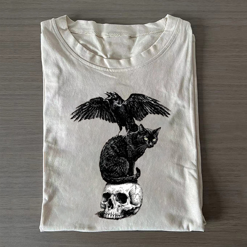 Spooky Cat Crow And Skull T-shirt